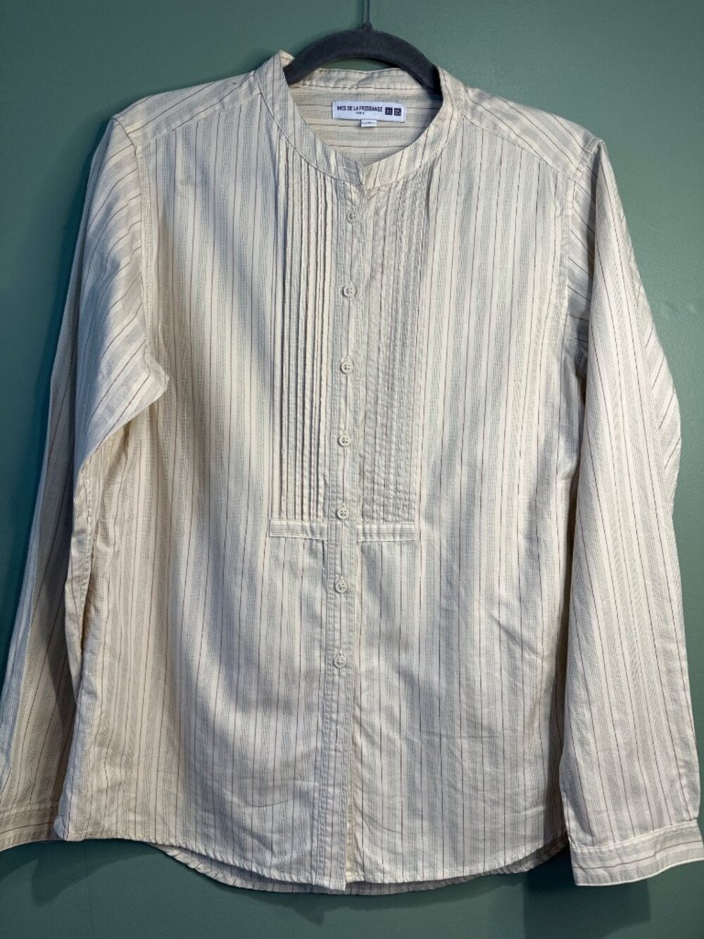 Ines de la Fressange Medium Cotton Pintuck Striped Blouse Shirt Career Office